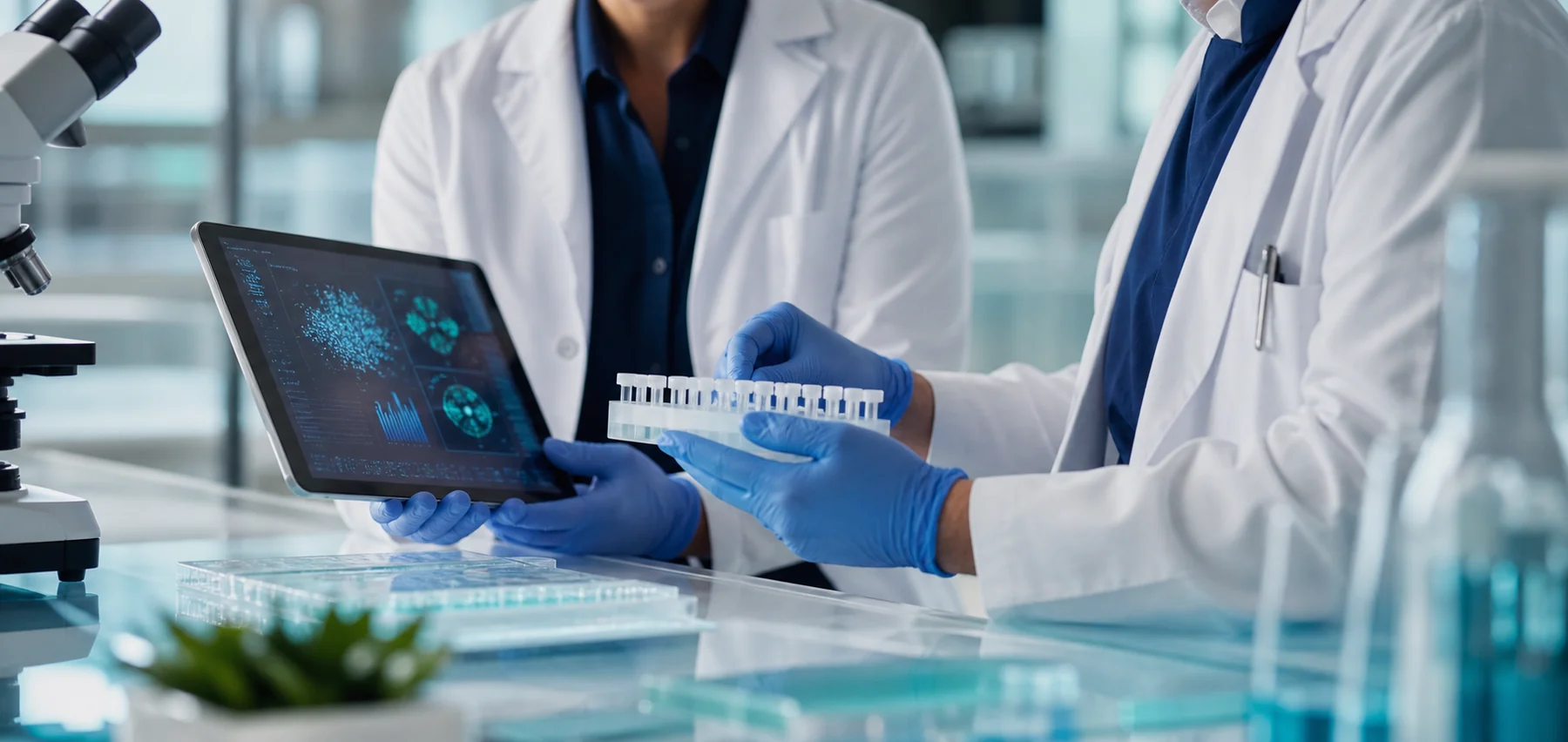 Oncology researchers reviewing laboratory materials and abstract data.